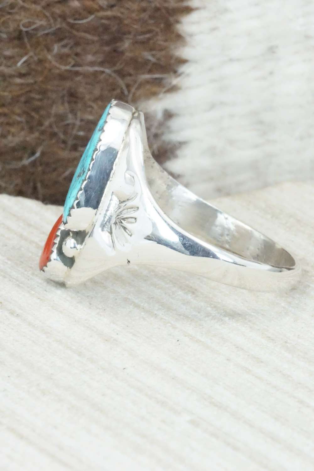 Turquoise, Coral & Sterling Silver Ring - Pauline Nelson - Size 14.75
