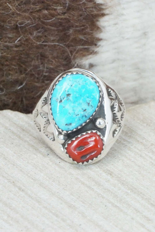 Turquoise, Coral & Sterling Silver Ring - Pauline Nelson - Size 9.5