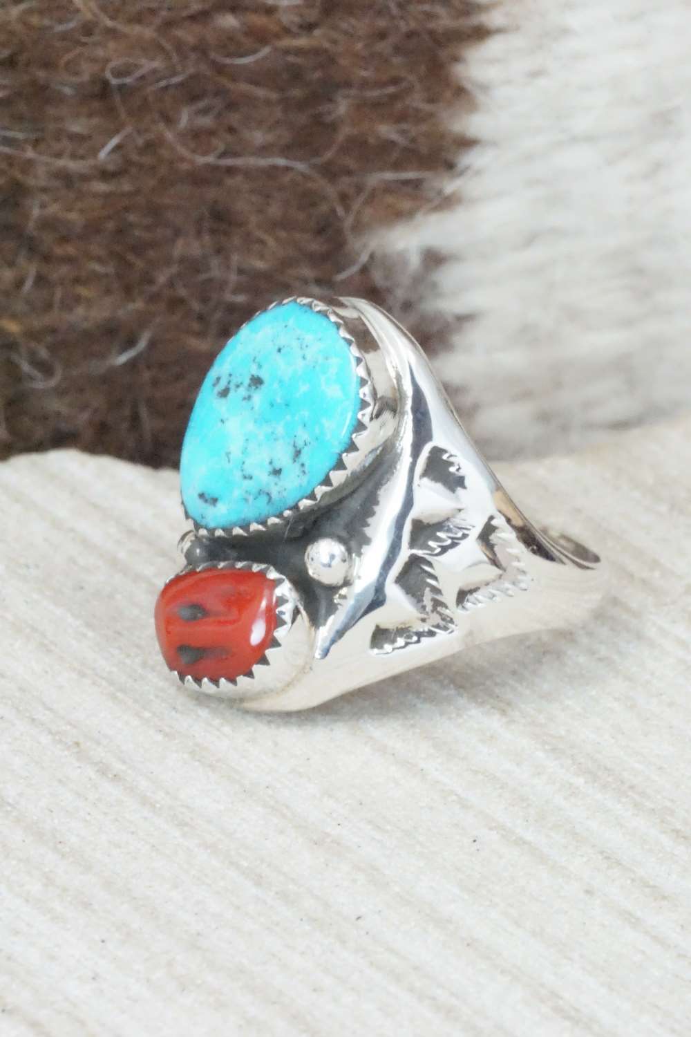Turquoise, Coral & Sterling Silver Ring - Pauline Nelson - Size 9.5