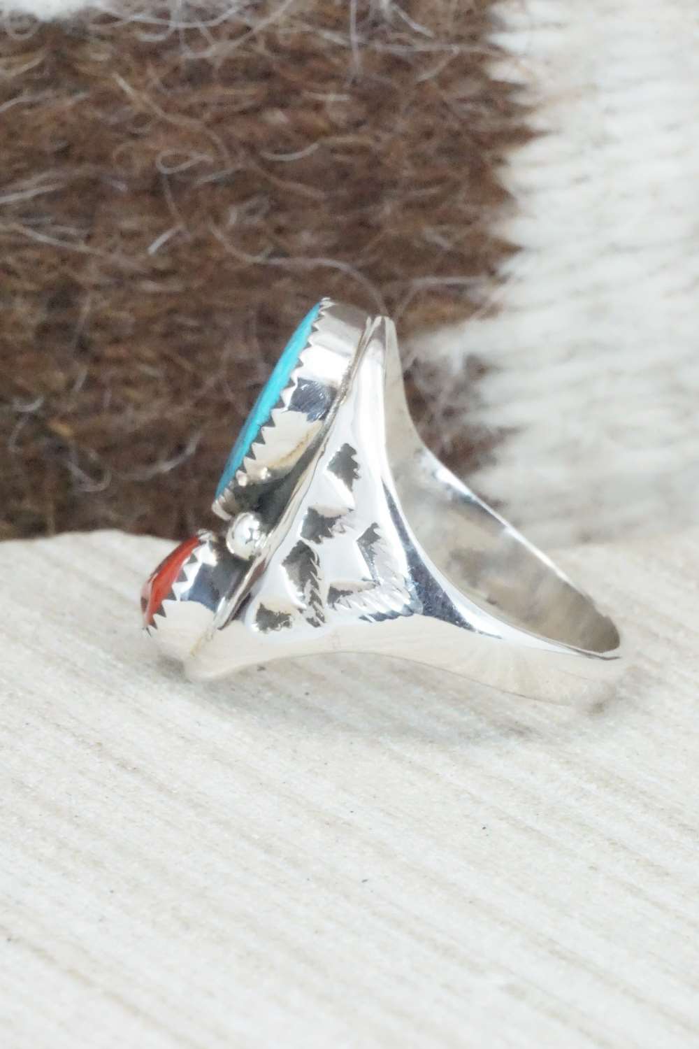 Turquoise, Coral & Sterling Silver Ring - Pauline Nelson - Size 9.5