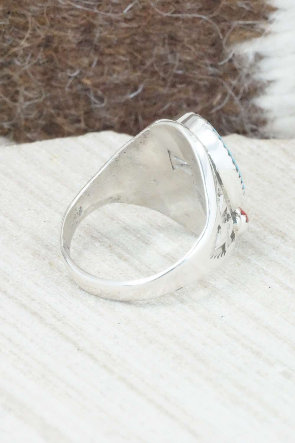 Turquoise, Coral & Sterling Silver Ring - Pauline Nelson - Size 9.5
