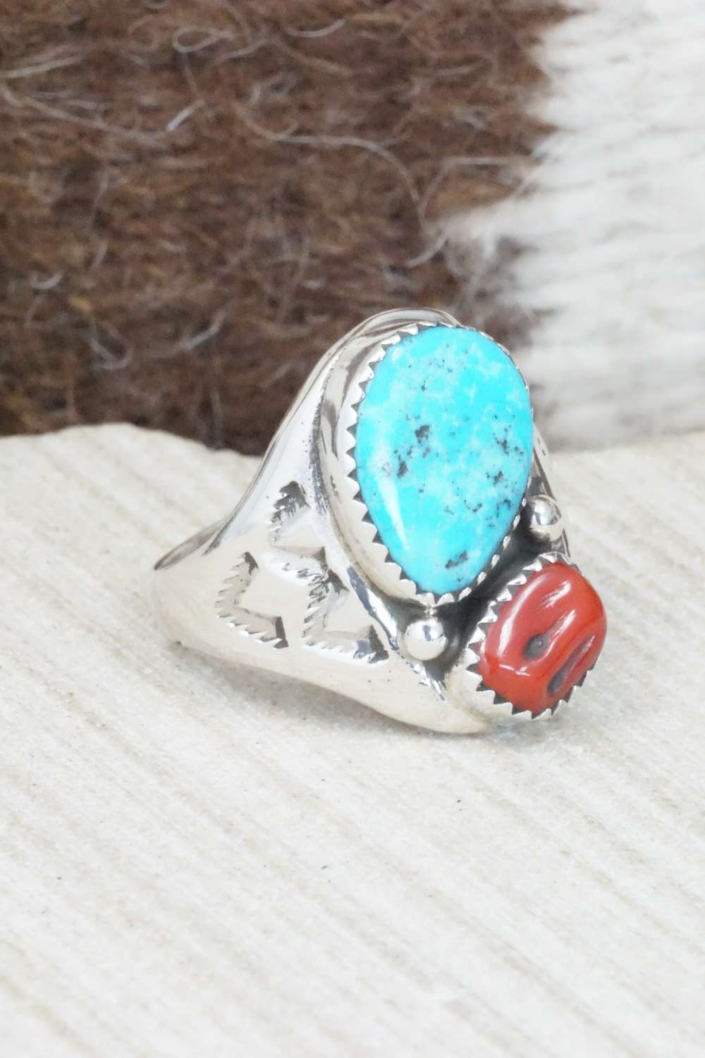 Turquoise, Coral & Sterling Silver Ring - Pauline Nelson - Size 9.5
