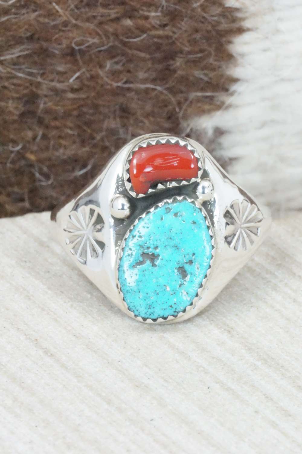 Turquoise, Coral & Sterling Silver Ring - Pauline Nelson - Size 15.75