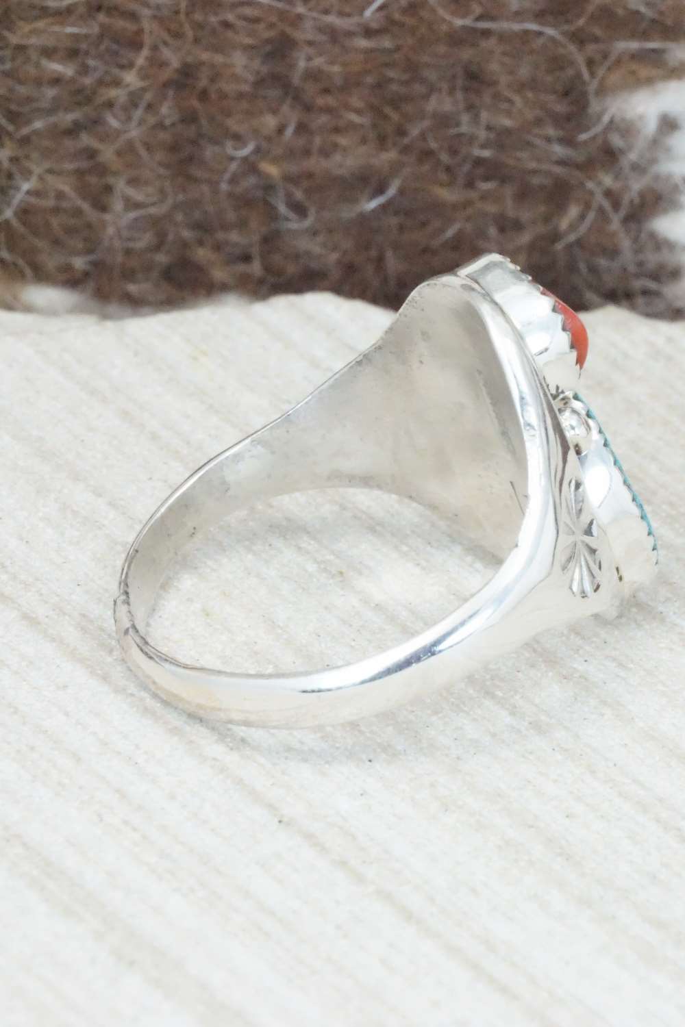 Turquoise, Coral & Sterling Silver Ring - Pauline Nelson - Size 15.75