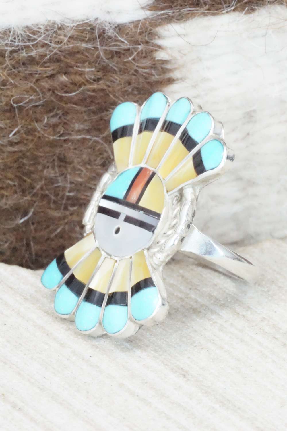 Multi Stone & Sterling Silver Inlay Ring - Verdell Niiha - Size 7.75