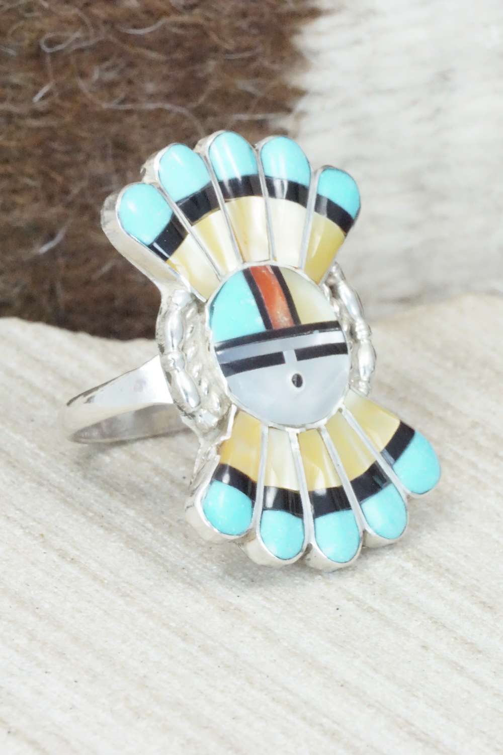 Multi Stone & Sterling Silver Inlay Ring - Verdell Niiha - Size 7.75