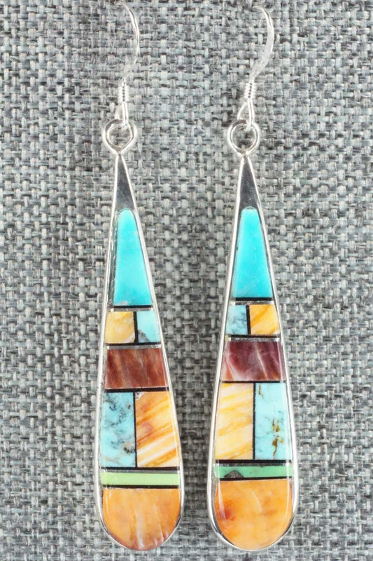 Multi Stone & Sterling Silver Inlay Earrings - Navajo