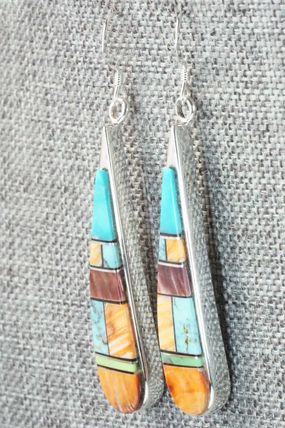 Multi Stone & Sterling Silver Inlay Earrings - Navajo