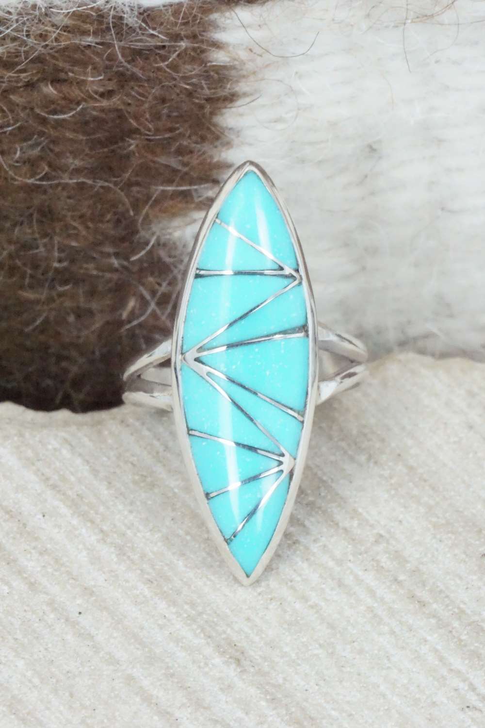 Turquoise & Sterling Silver Inlay Ring - Evelyn Mahkee - Size 6.25