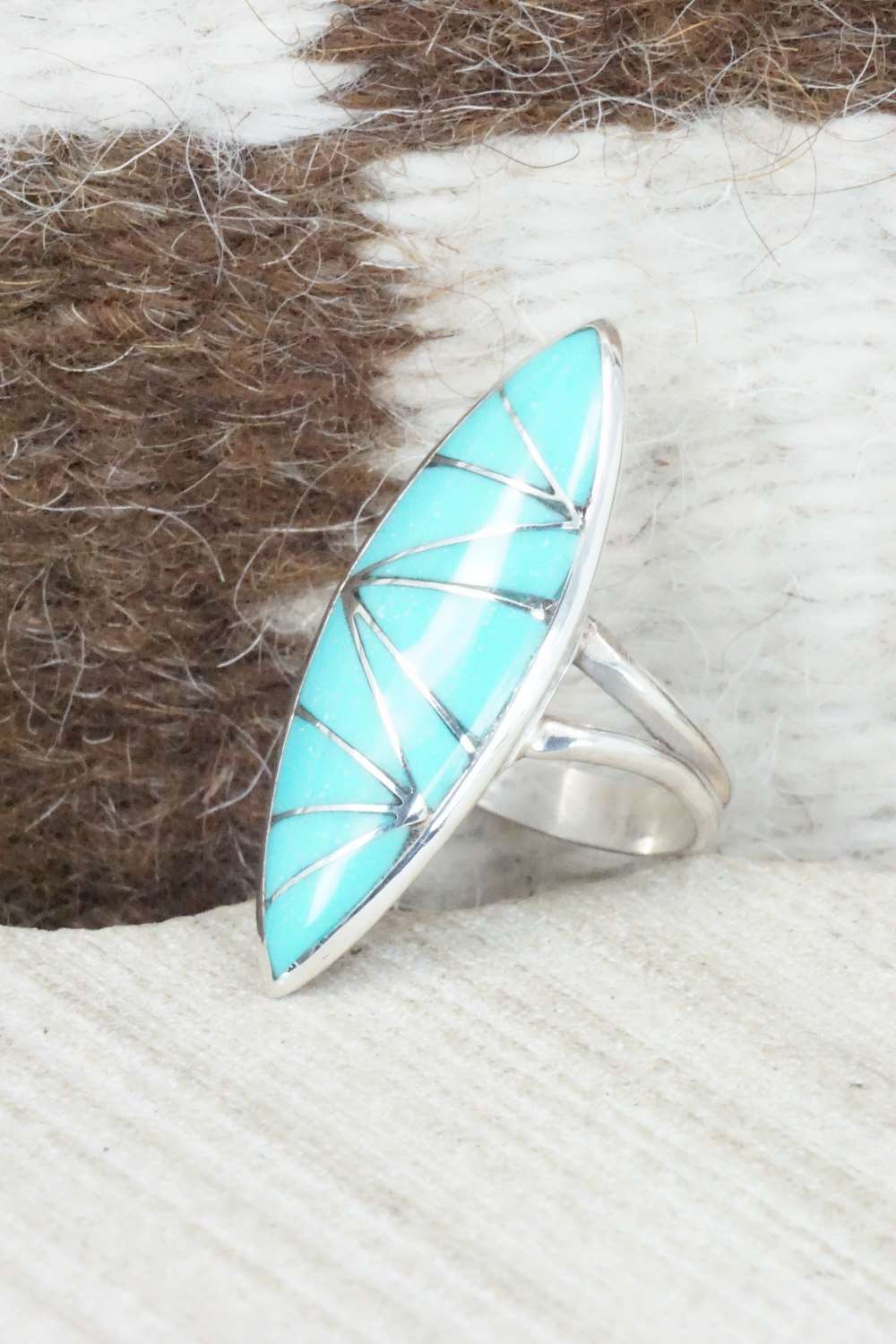 Turquoise & Sterling Silver Inlay Ring - Evelyn Mahkee - Size 6.25