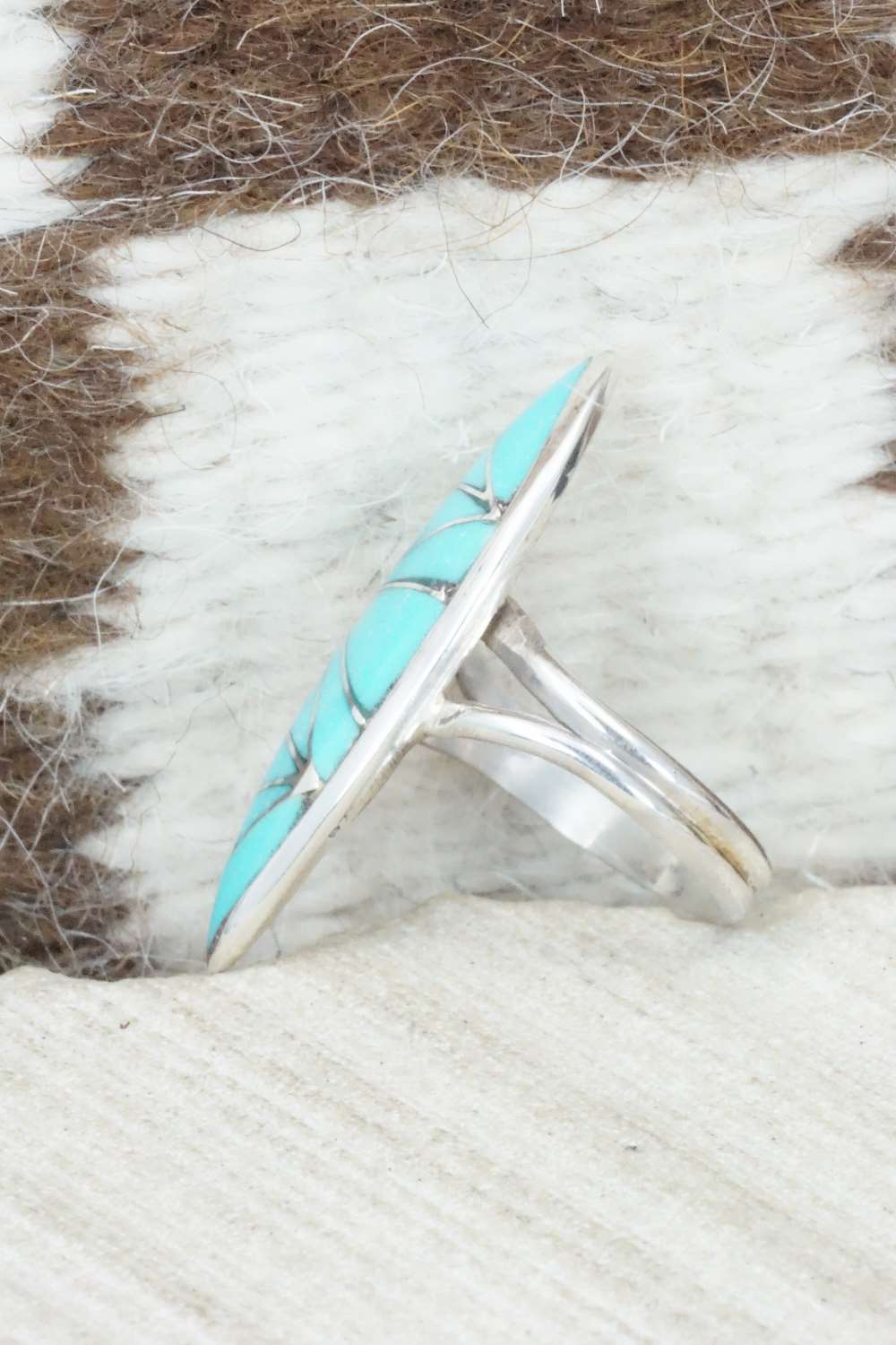 Turquoise & Sterling Silver Inlay Ring - Evelyn Mahkee - Size 6.25