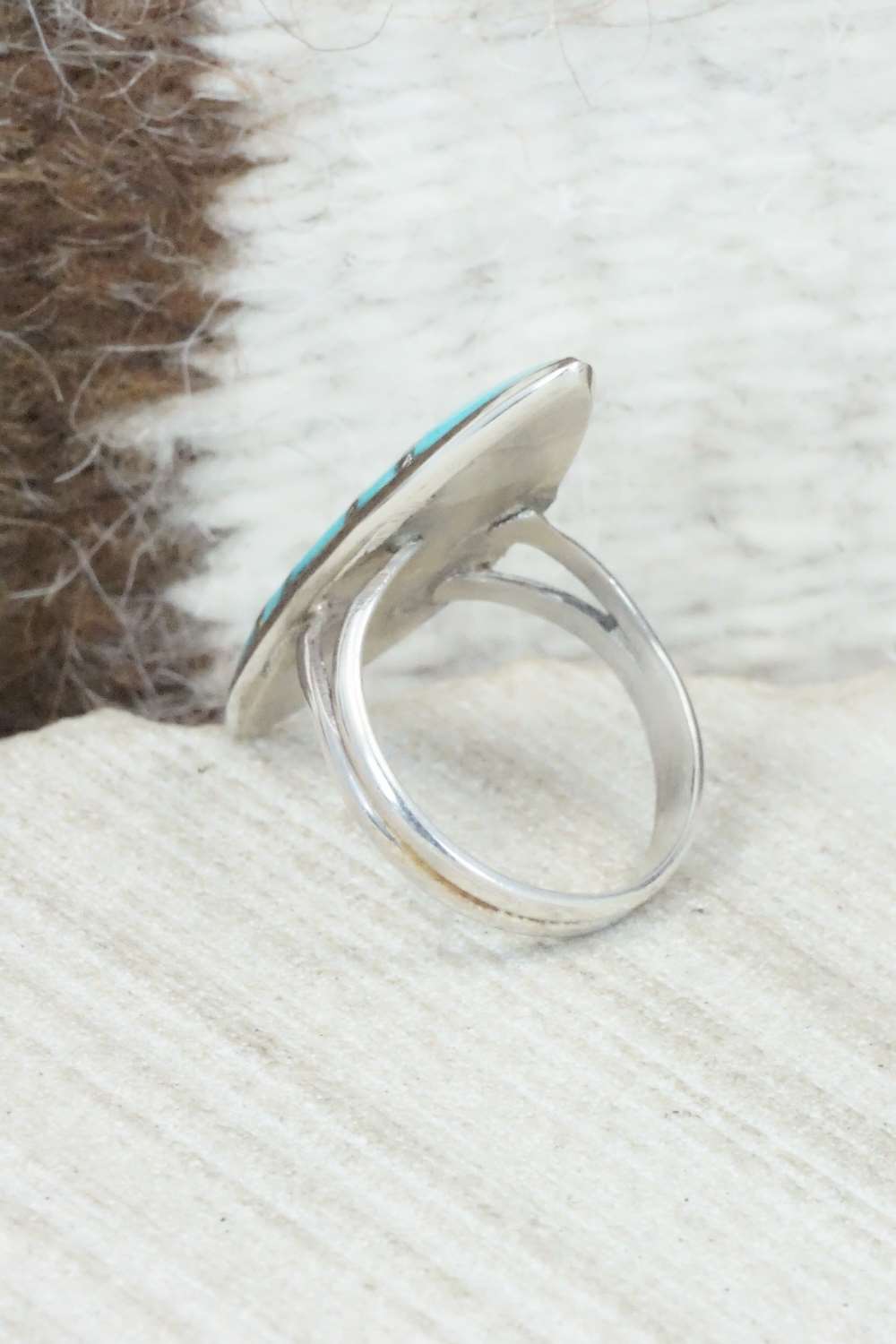 Turquoise & Sterling Silver Inlay Ring - Evelyn Mahkee - Size 6.25