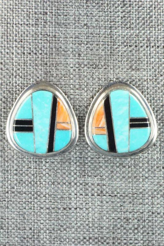 Multi Stone & Sterling Silver Inlay Earrings - Navajo
