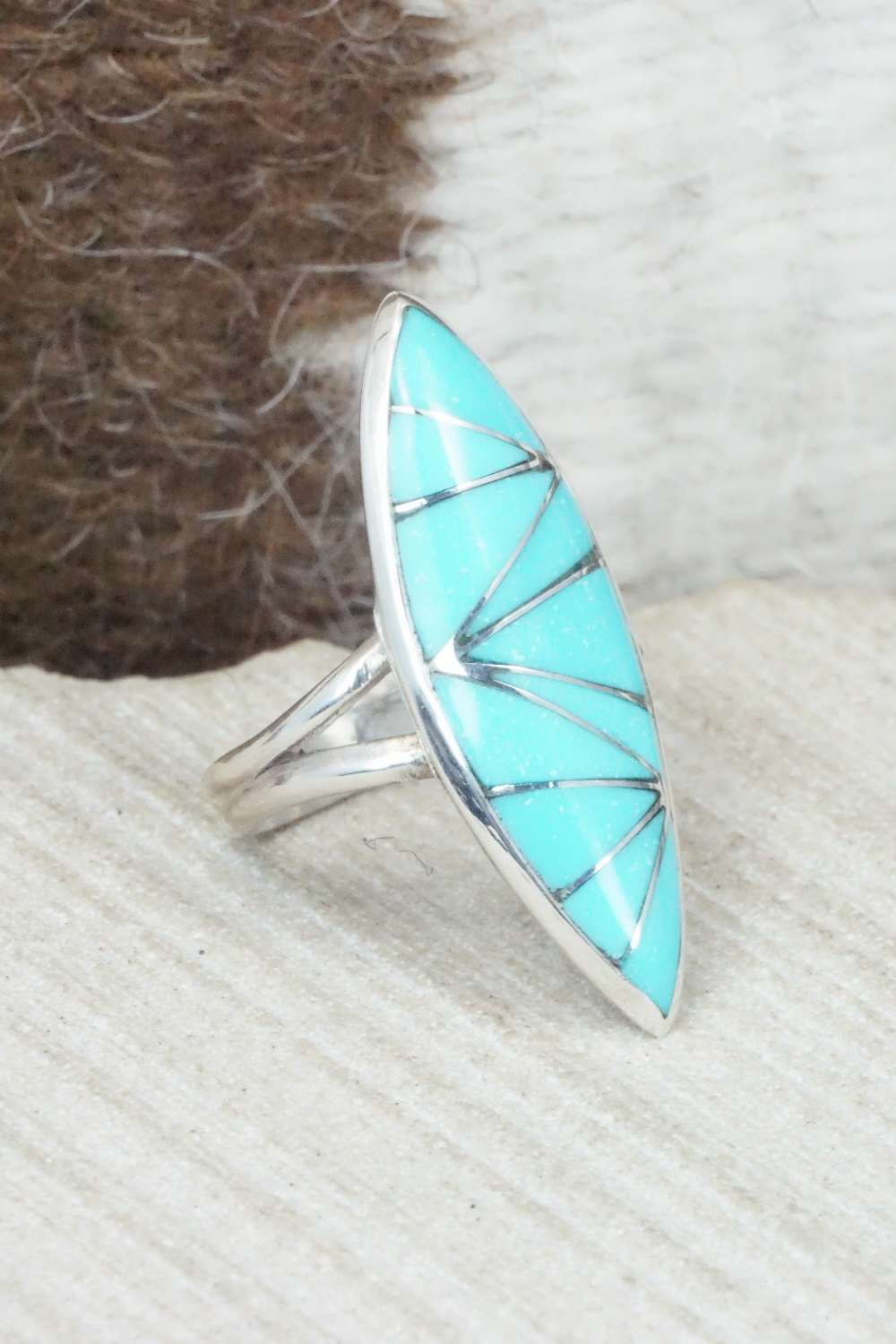 Turquoise & Sterling Silver Inlay Ring - Evelyn Mahkee - Size 6.25