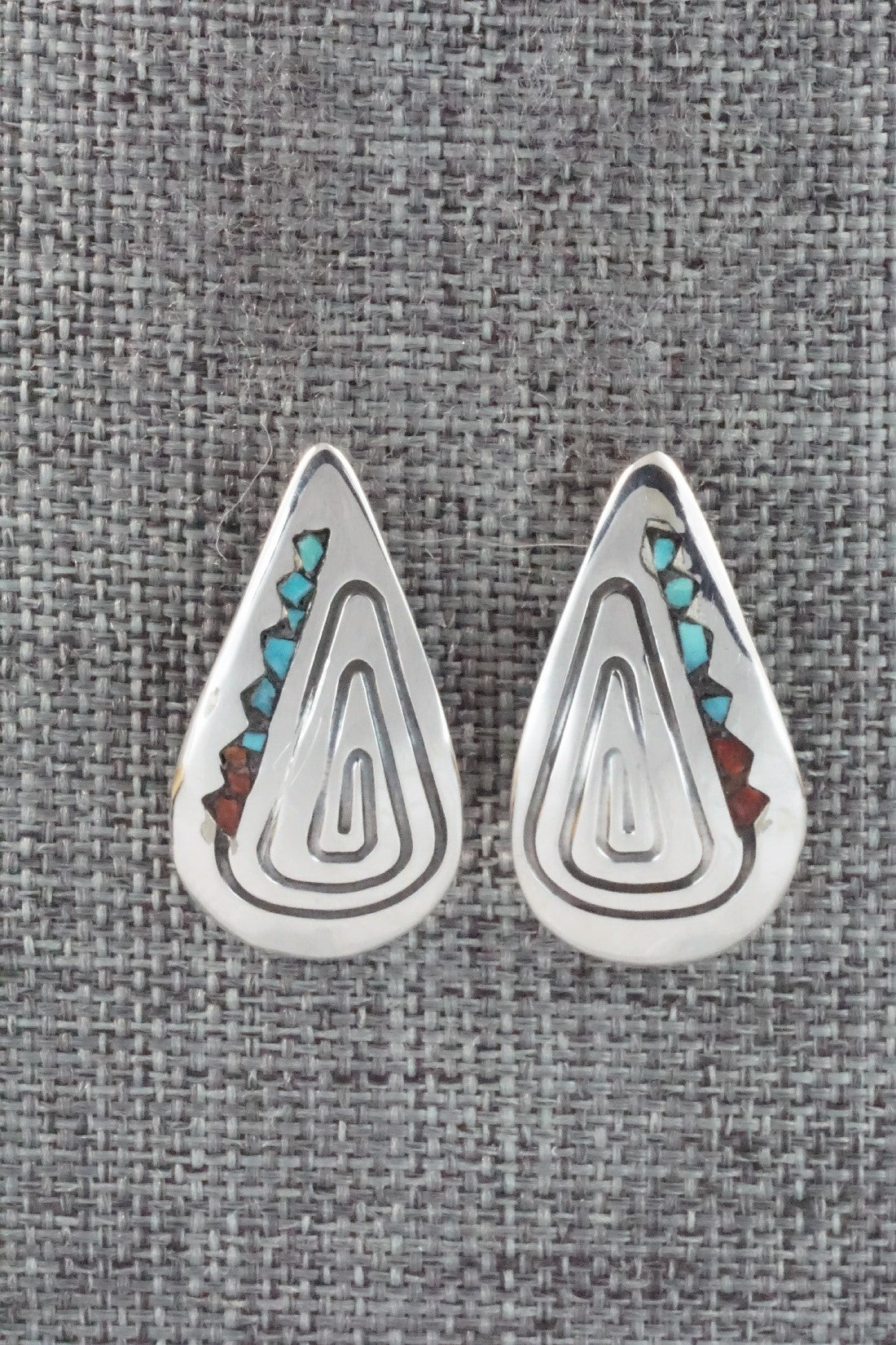 Coral & Turquoise Chip Inlay Sterling Silver Earrings - Jolene Yazzie