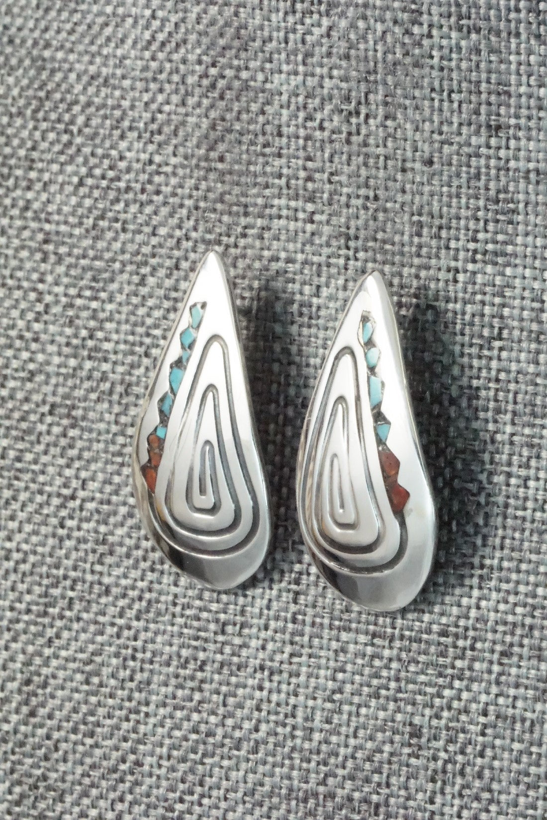 Coral & Turquoise Chip Inlay Sterling Silver Earrings - Jolene Yazzie