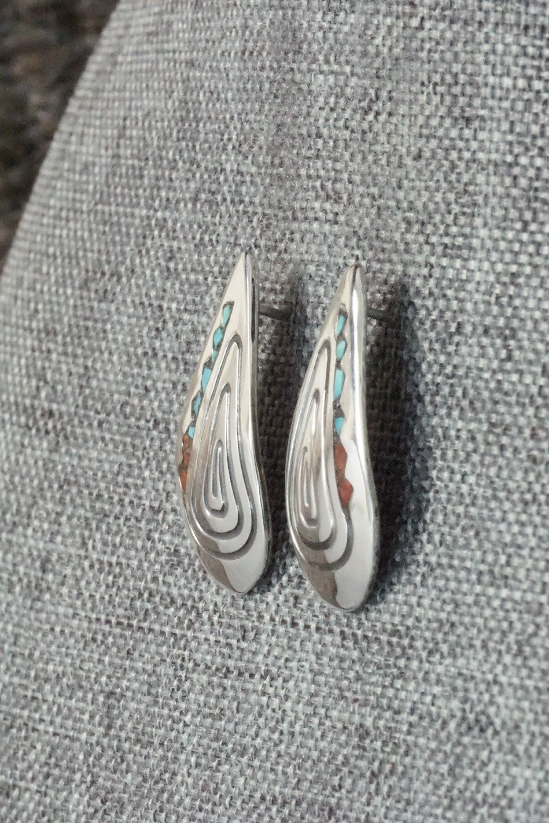 Coral & Turquoise Chip Inlay Sterling Silver Earrings - Jolene Yazzie