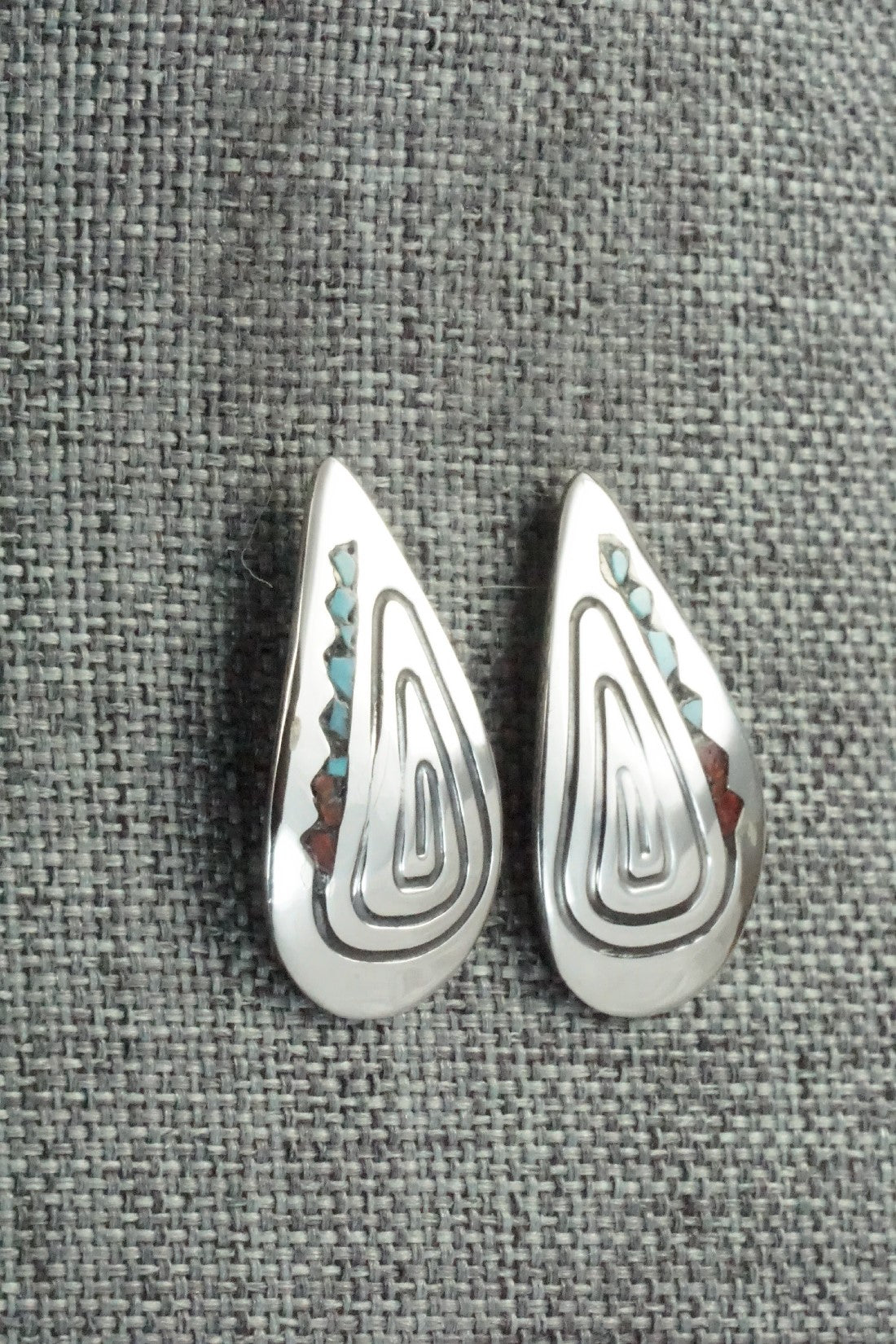 Coral & Turquoise Chip Inlay Sterling Silver Earrings - Jolene Yazzie
