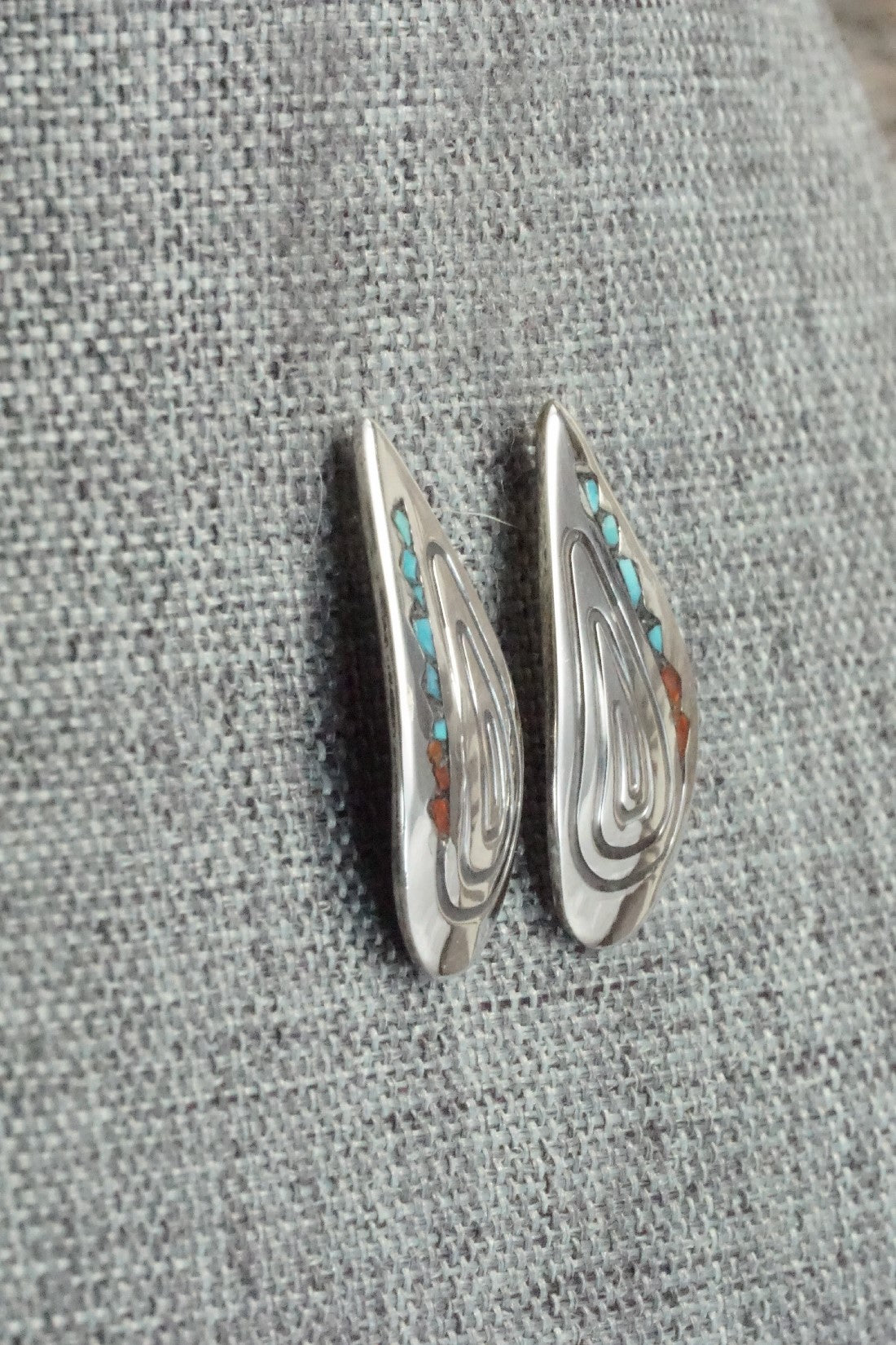 Coral & Turquoise Chip Inlay Sterling Silver Earrings - Jolene Yazzie