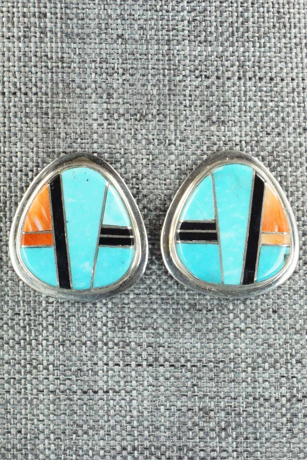 Multi Stone & Sterling Silver Inlay Earrings - Navajo