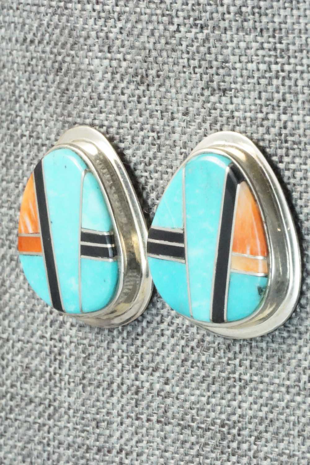 Multi Stone & Sterling Silver Inlay Earrings - Navajo