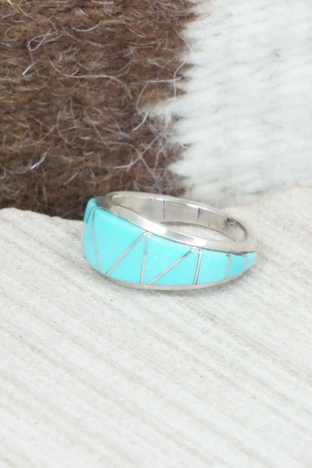 Turquoise & Sterling Silver Inlay Ring - M. Kanesta - Size 6.75