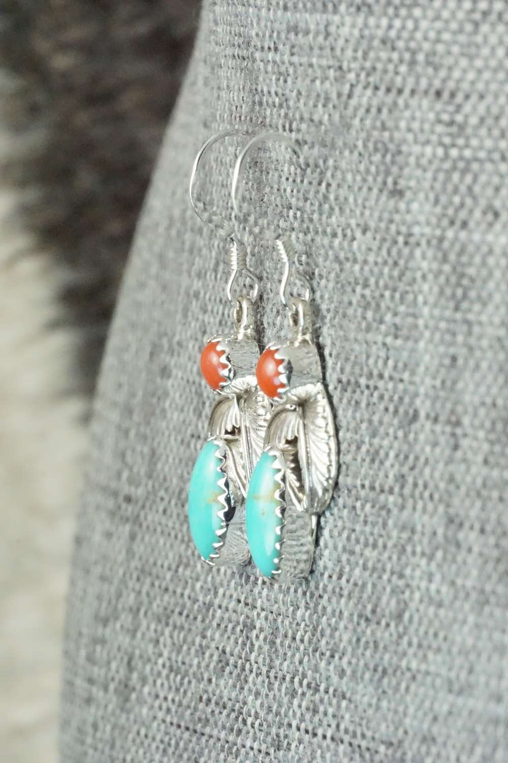 Turquoise, Coral & Sterling Silver Earrings - Annie Spencer