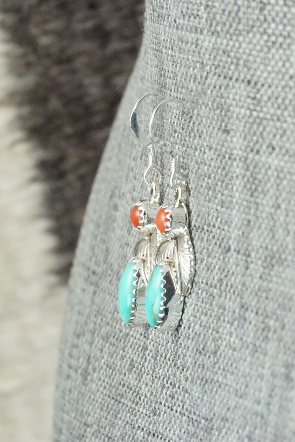 Turquoise, Coral & Sterling Silver Earrings - Annie Spencer