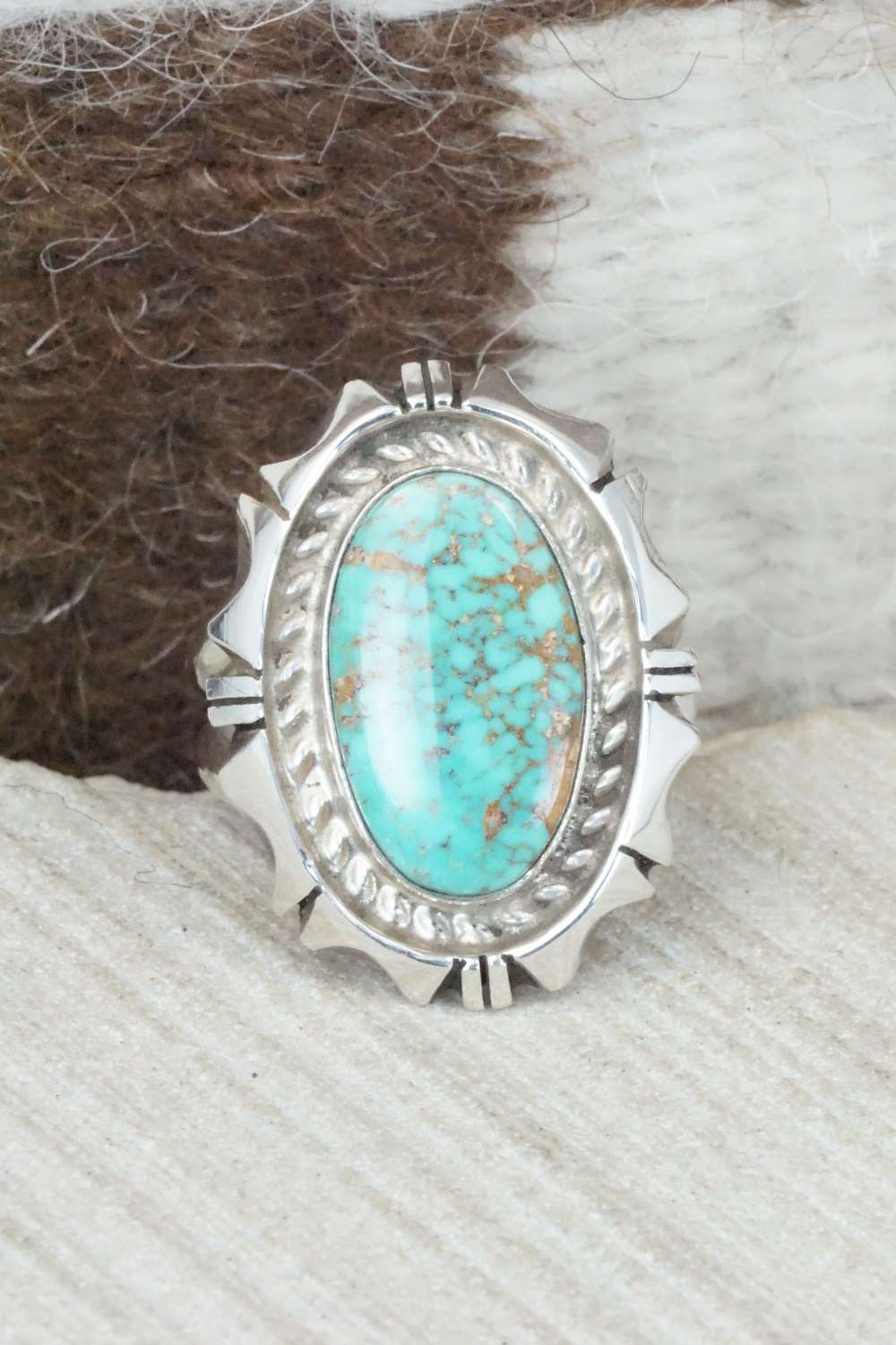 Turquoise & Sterling Silver Ring - Eddie Secatero - Size 8