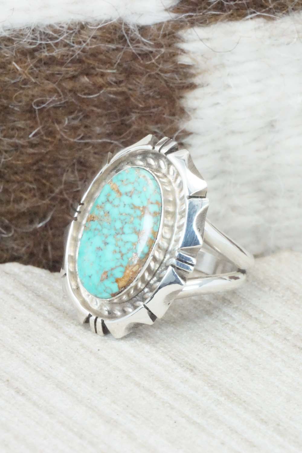Turquoise & Sterling Silver Ring - Eddie Secatero - Size 8