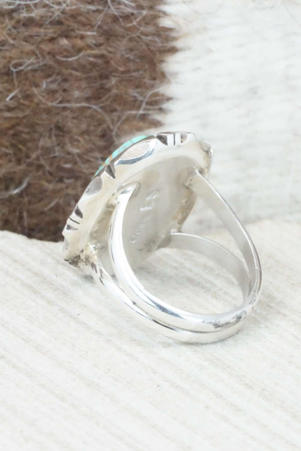 Turquoise & Sterling Silver Ring - Eddie Secatero - Size 8