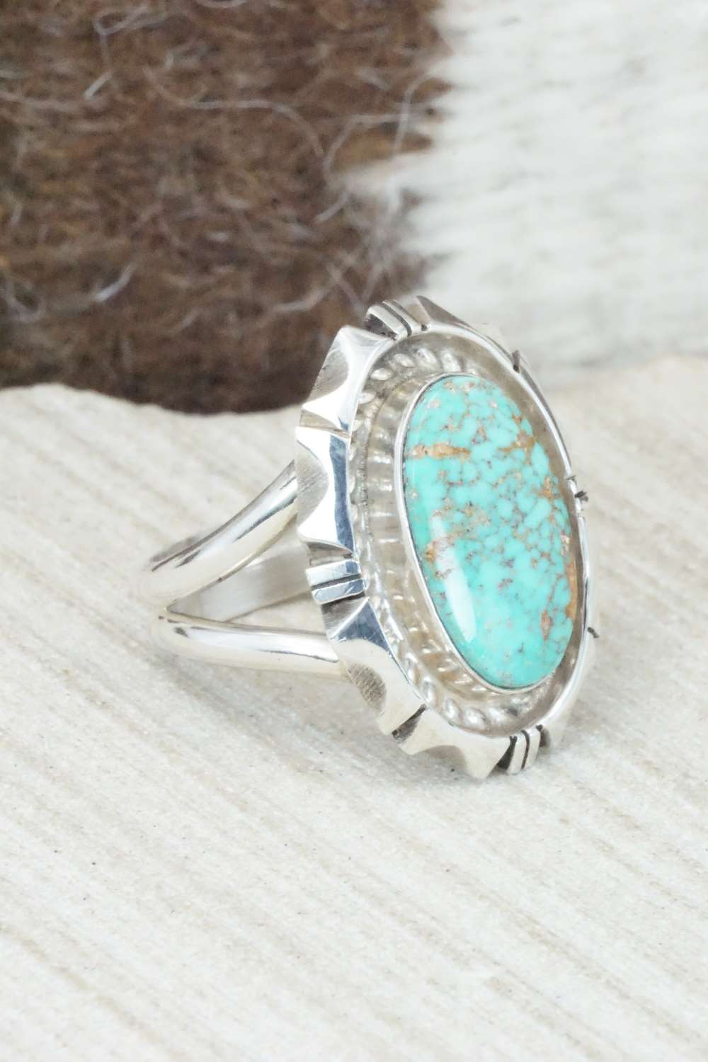 Turquoise & Sterling Silver Ring - Eddie Secatero - Size 8