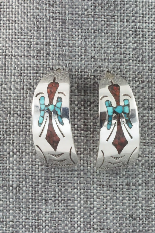Coral & Turquoise Chip Inlay Sterling Silver Earrings - Jolene Yazzie