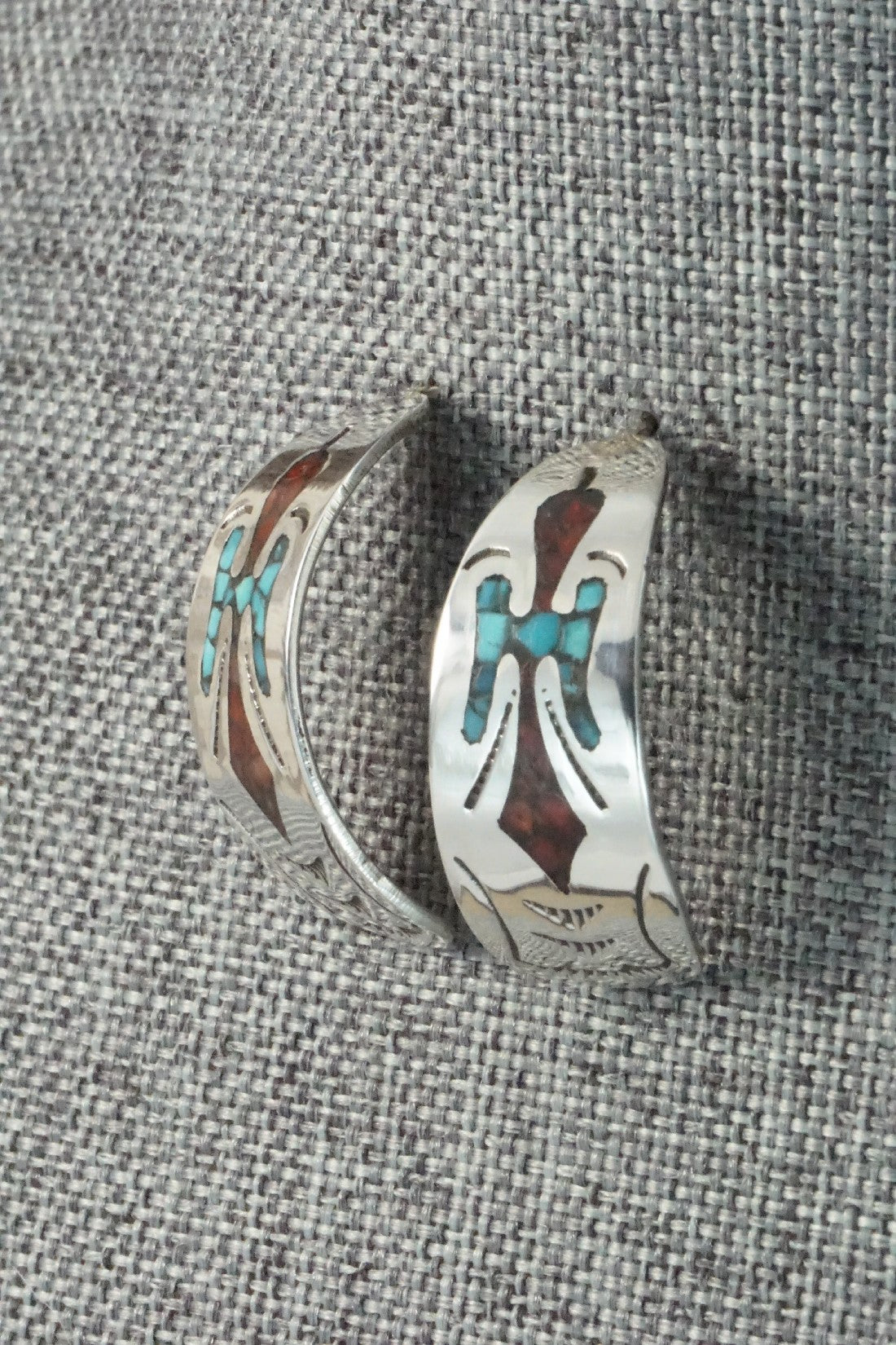 Coral & Turquoise Chip Inlay Sterling Silver Earrings - Jolene Yazzie