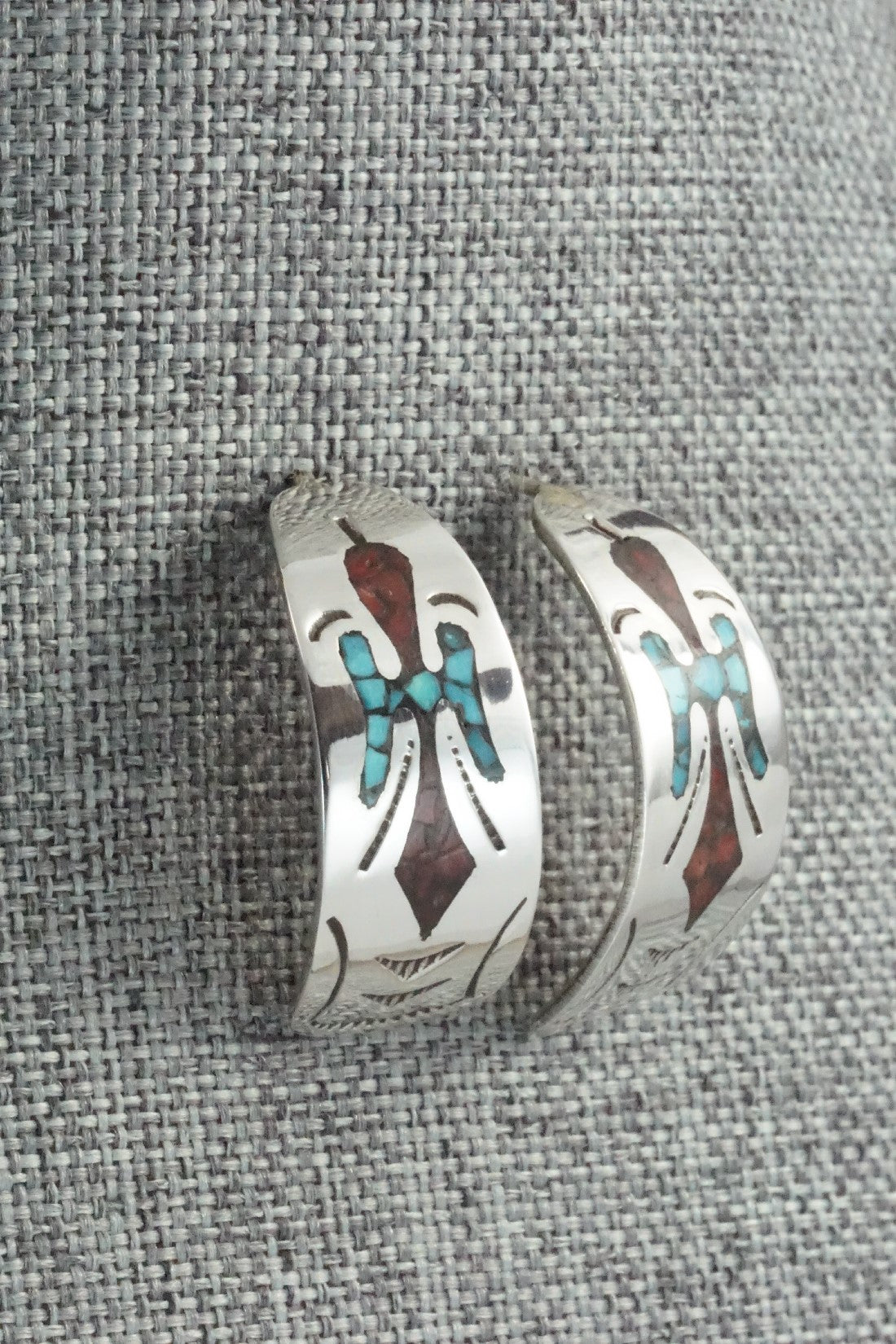 Coral & Turquoise Chip Inlay Sterling Silver Earrings - Jolene Yazzie