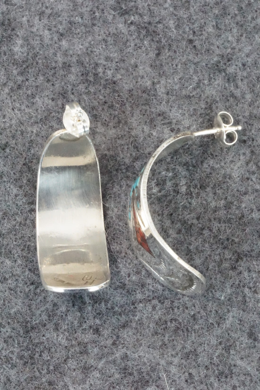 Coral & Turquoise Chip Inlay Sterling Silver Earrings - Jolene Yazzie
