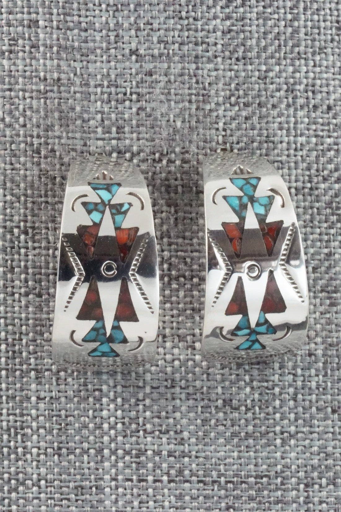 Coral & Turquoise Chip Inlay Sterling Silver Earrings - Jolene Yazzie