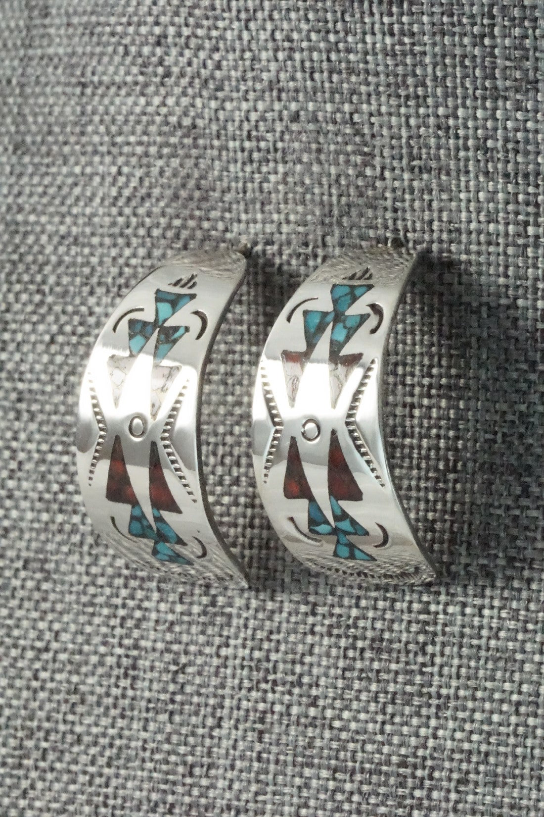 Coral & Turquoise Chip Inlay Sterling Silver Earrings - Jolene Yazzie
