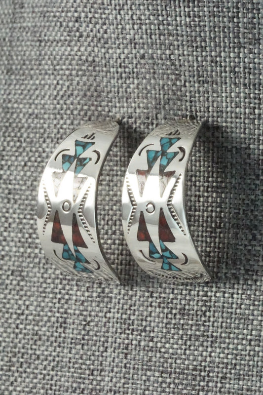 Coral & Turquoise Chip Inlay Sterling Silver Earrings - Jolene Yazzie