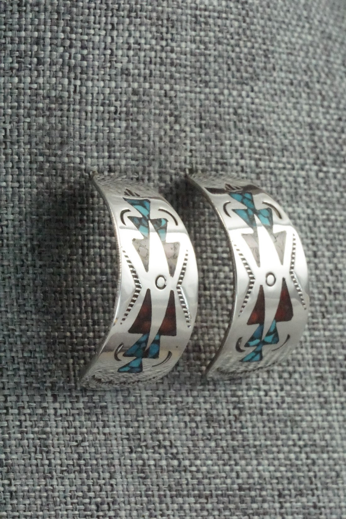 Coral & Turquoise Chip Inlay Sterling Silver Earrings - Jolene Yazzie