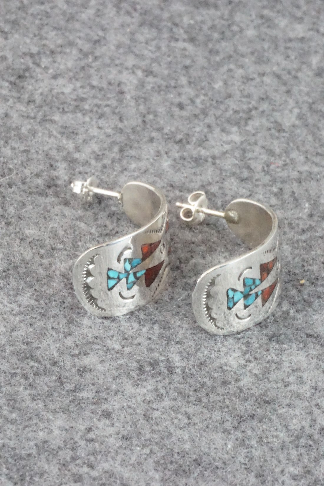 Coral & Turquoise Chip Inlay Sterling Silver Earrings - Jolene Yazzie