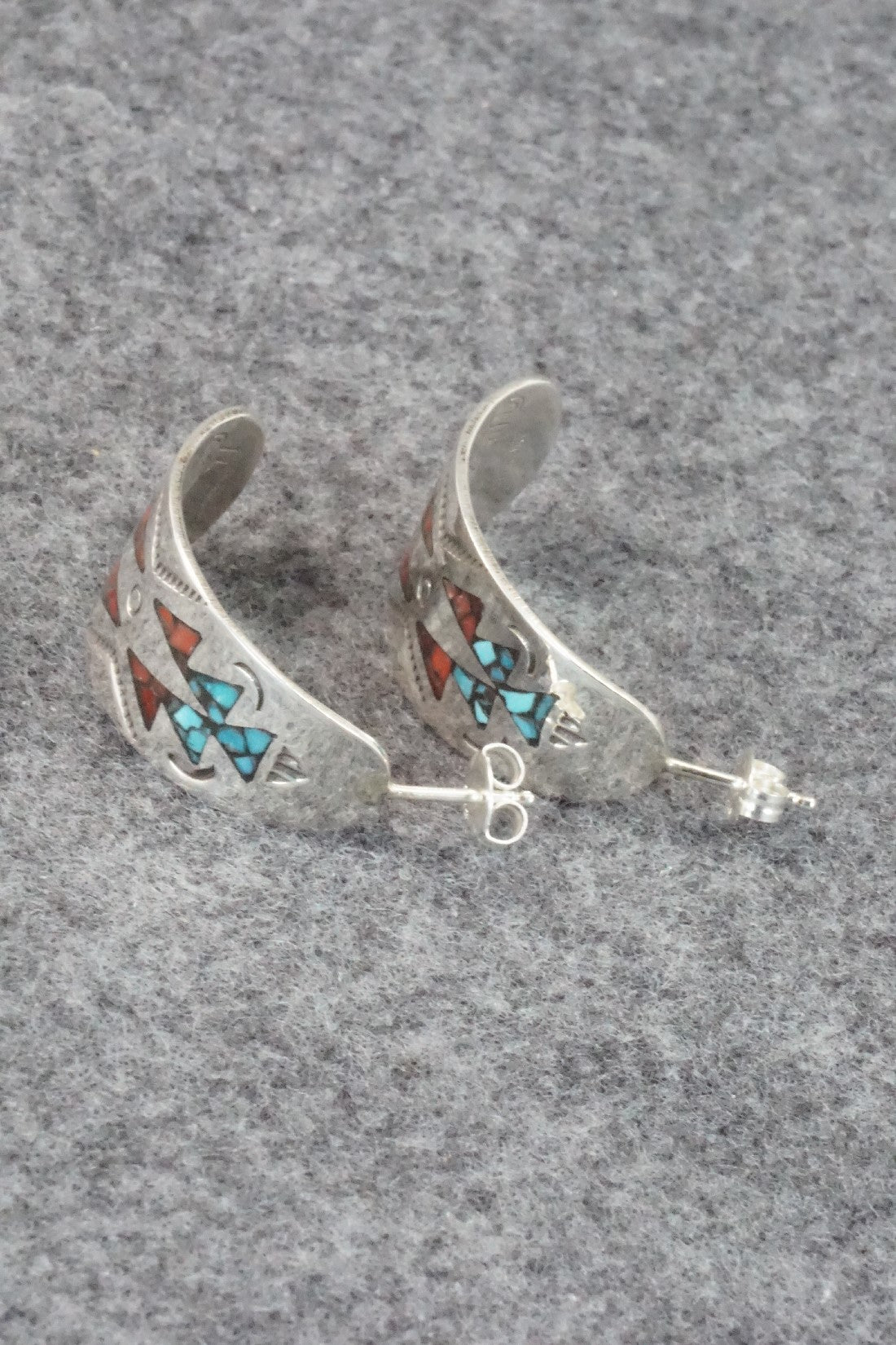 Coral & Turquoise Chip Inlay Sterling Silver Earrings - Jolene Yazzie