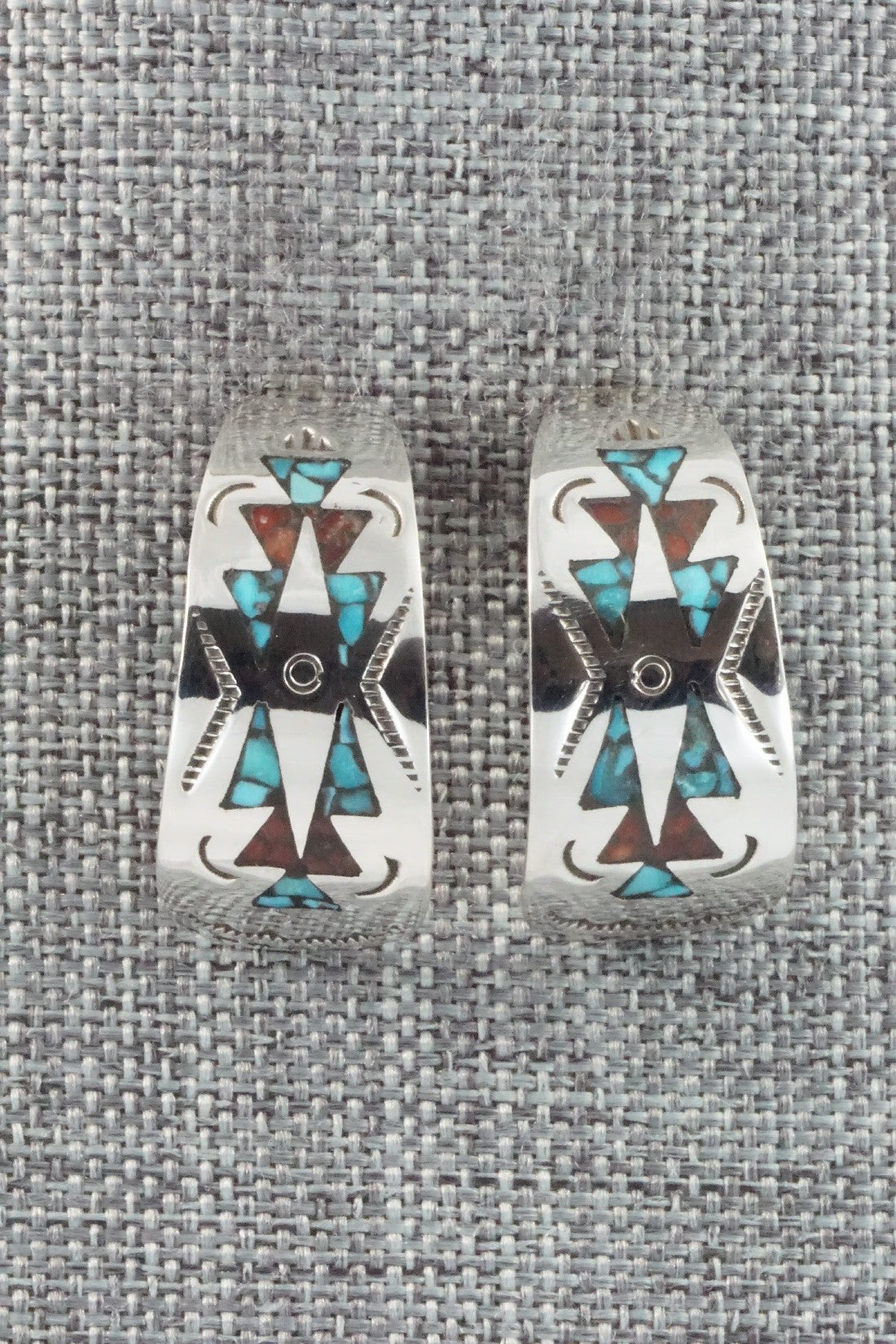 Coral & Turquoise Chip Inlay Sterling Silver Earrings - Jolene Yazzie