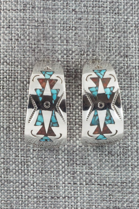 Coral & Turquoise Chip Inlay Sterling Silver Earrings - Jolene Yazzie