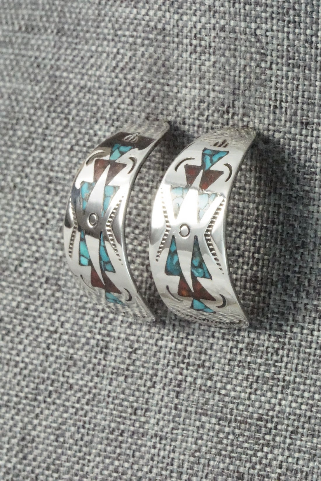 Coral & Turquoise Chip Inlay Sterling Silver Earrings - Jolene Yazzie