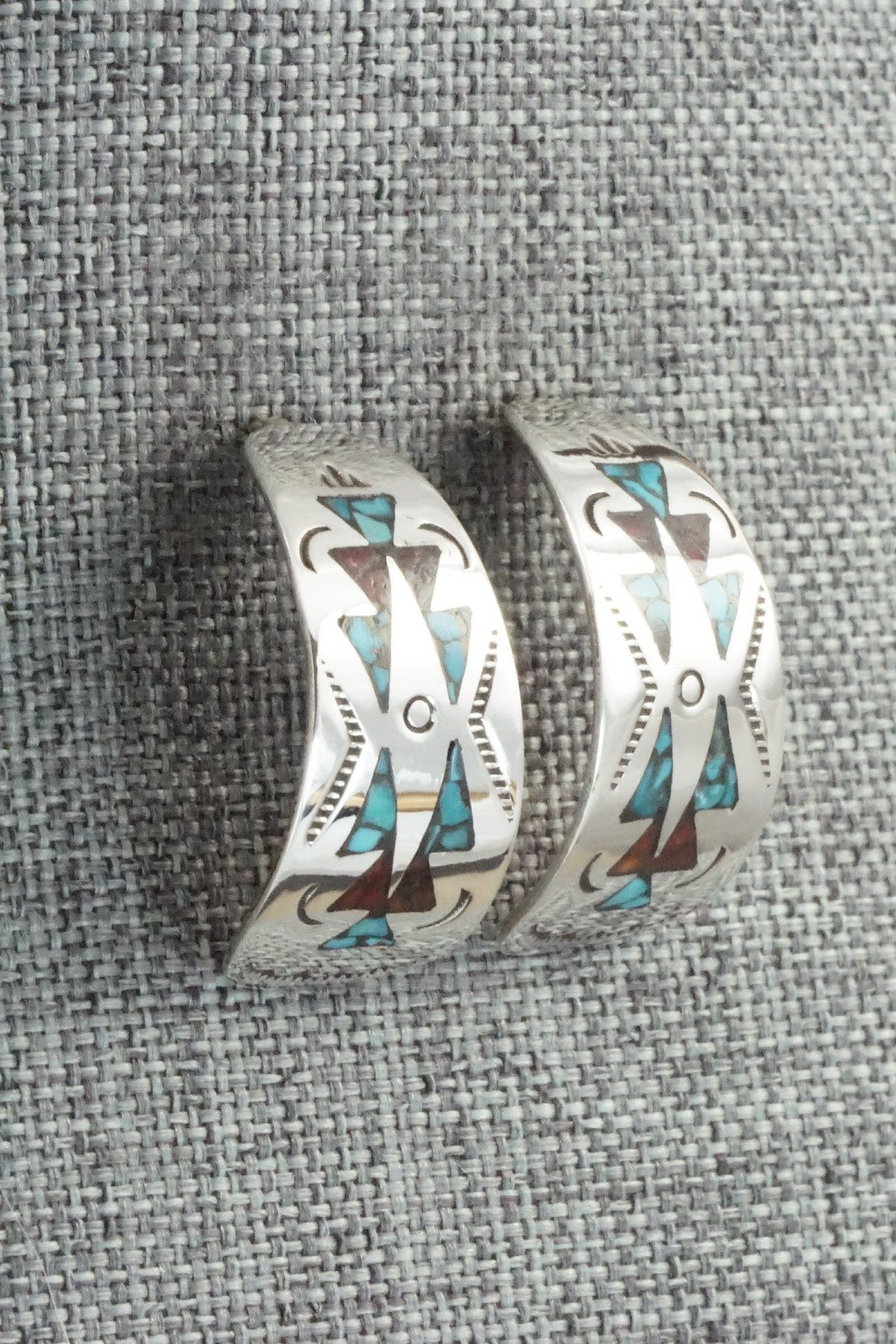 Coral & Turquoise Chip Inlay Sterling Silver Earrings - Jolene Yazzie