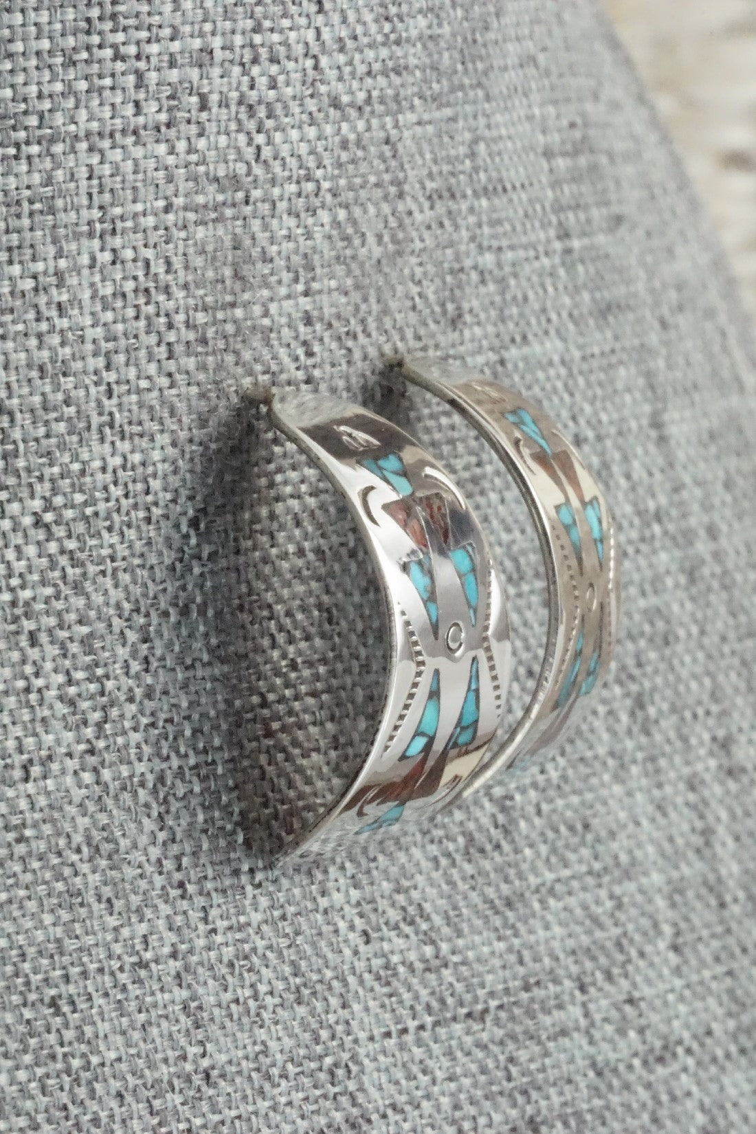 Coral & Turquoise Chip Inlay Sterling Silver Earrings - Jolene Yazzie