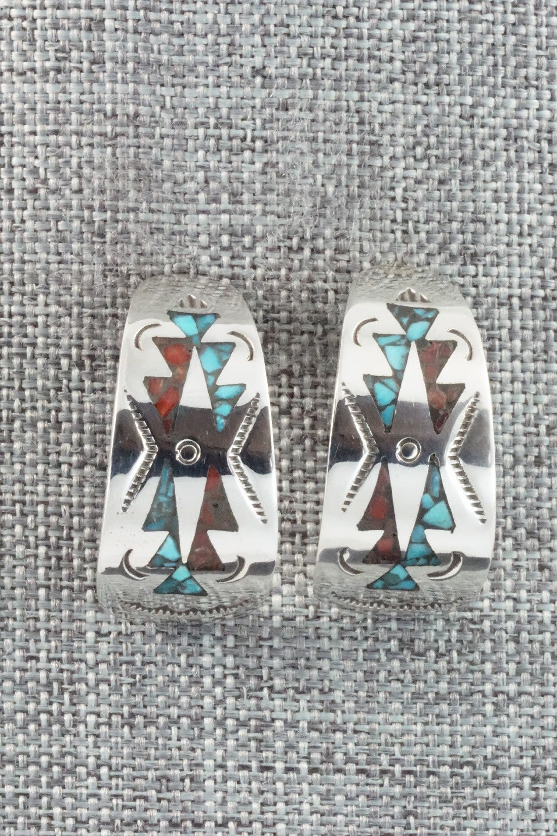Coral & Turquoise Chip Inlay Sterling Silver Earrings - Jolene Yazzie
