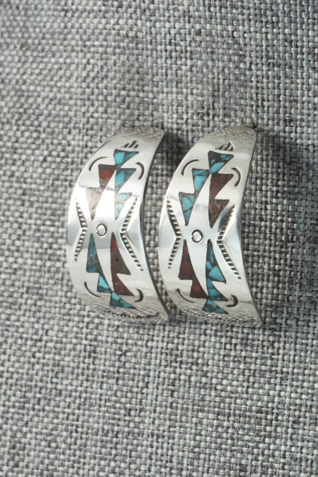 Coral & Turquoise Chip Inlay Sterling Silver Earrings - Jolene Yazzie