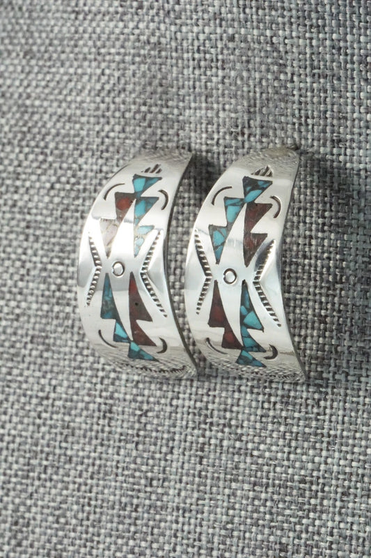 Coral & Turquoise Chip Inlay Sterling Silver Earrings - Jolene Yazzie